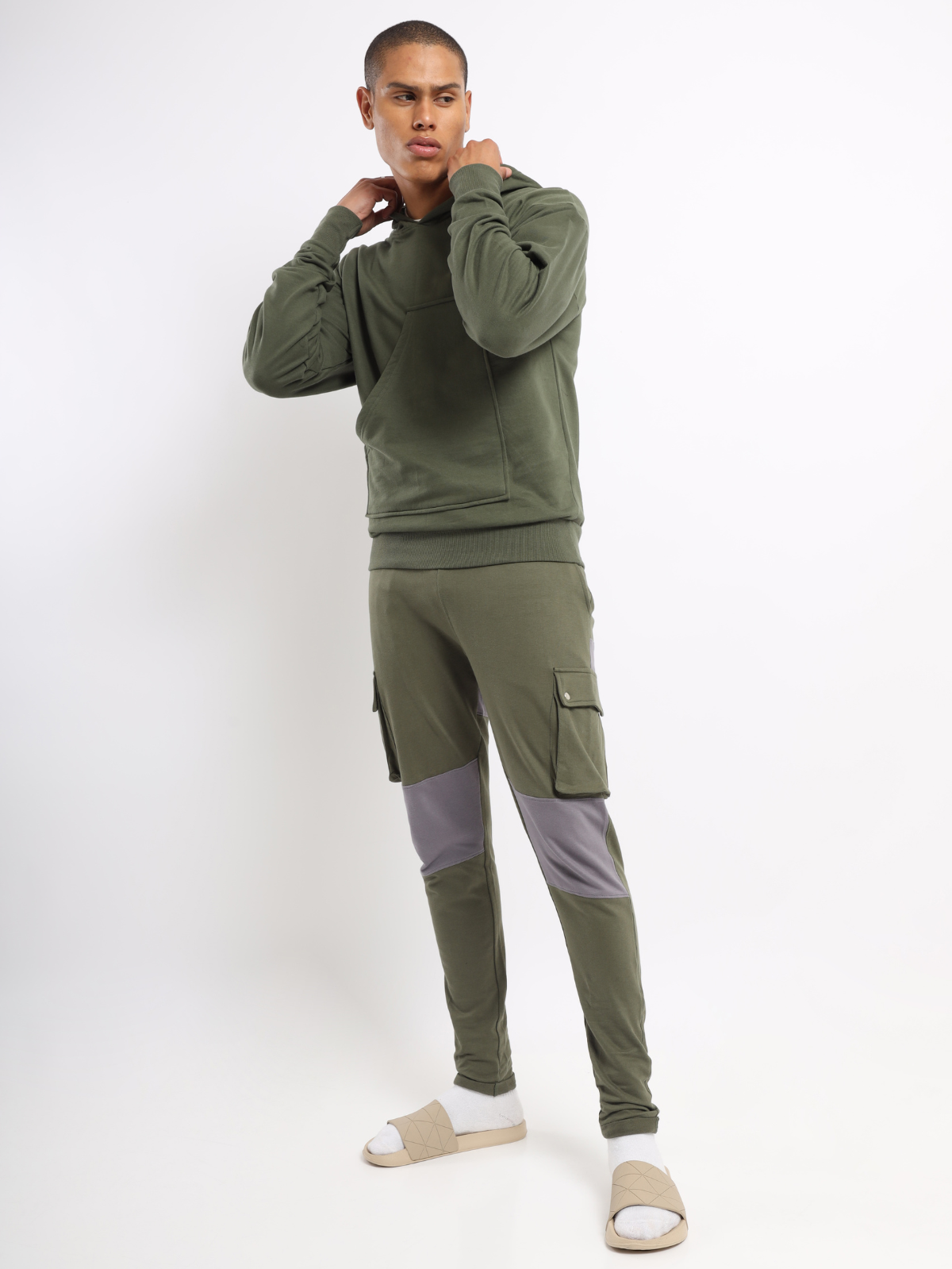 Drop Shoulder Olive Green Hoodie