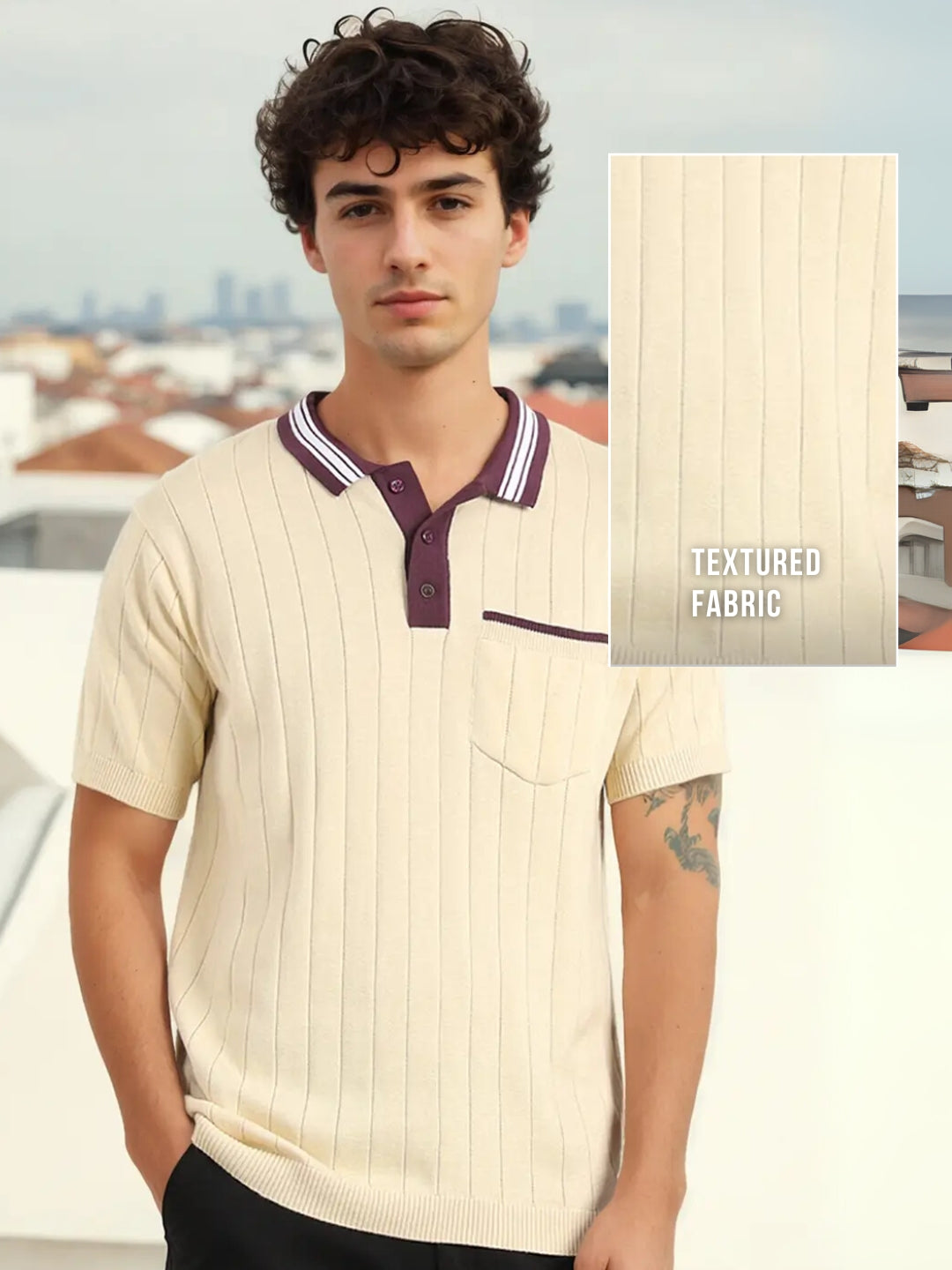Contrast Collar Textured Polo T-Shirt
