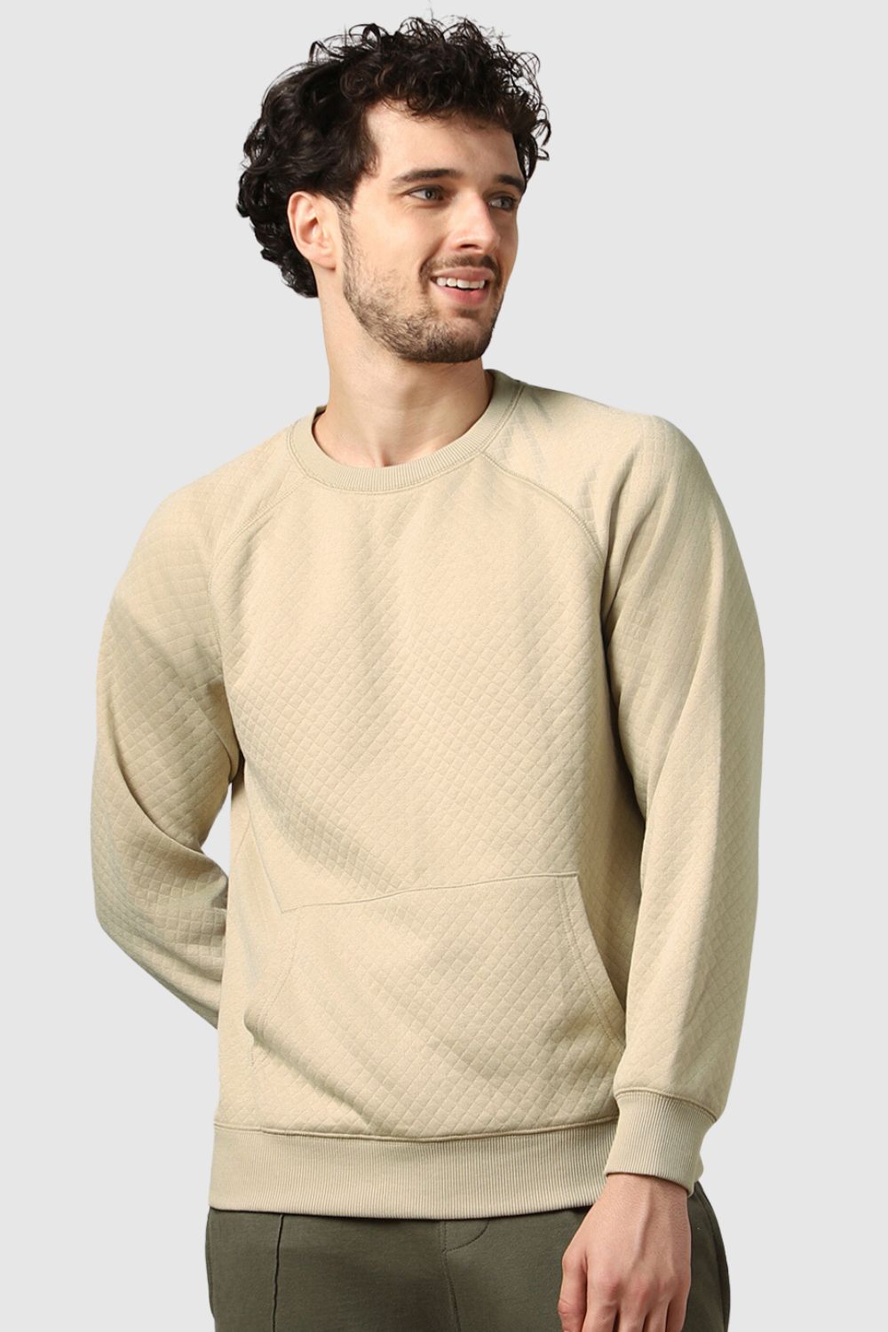 Pale Khaki Checked Quilted Sweatshirt