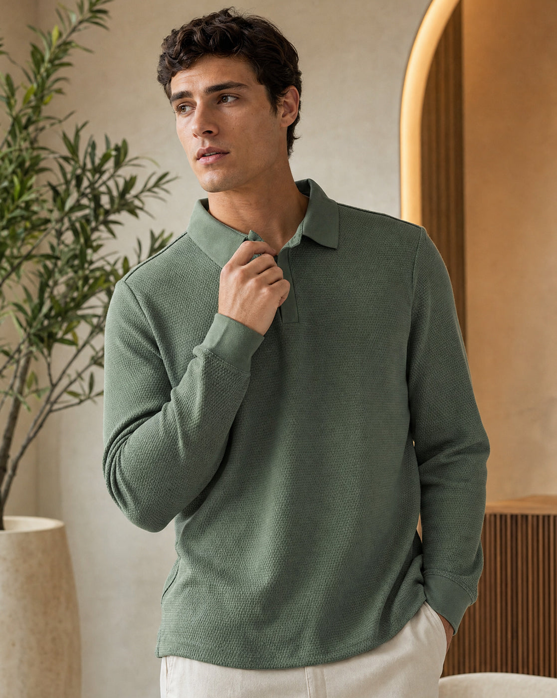 Popcorn Textured Full Sleeve Polo T-Shirt
