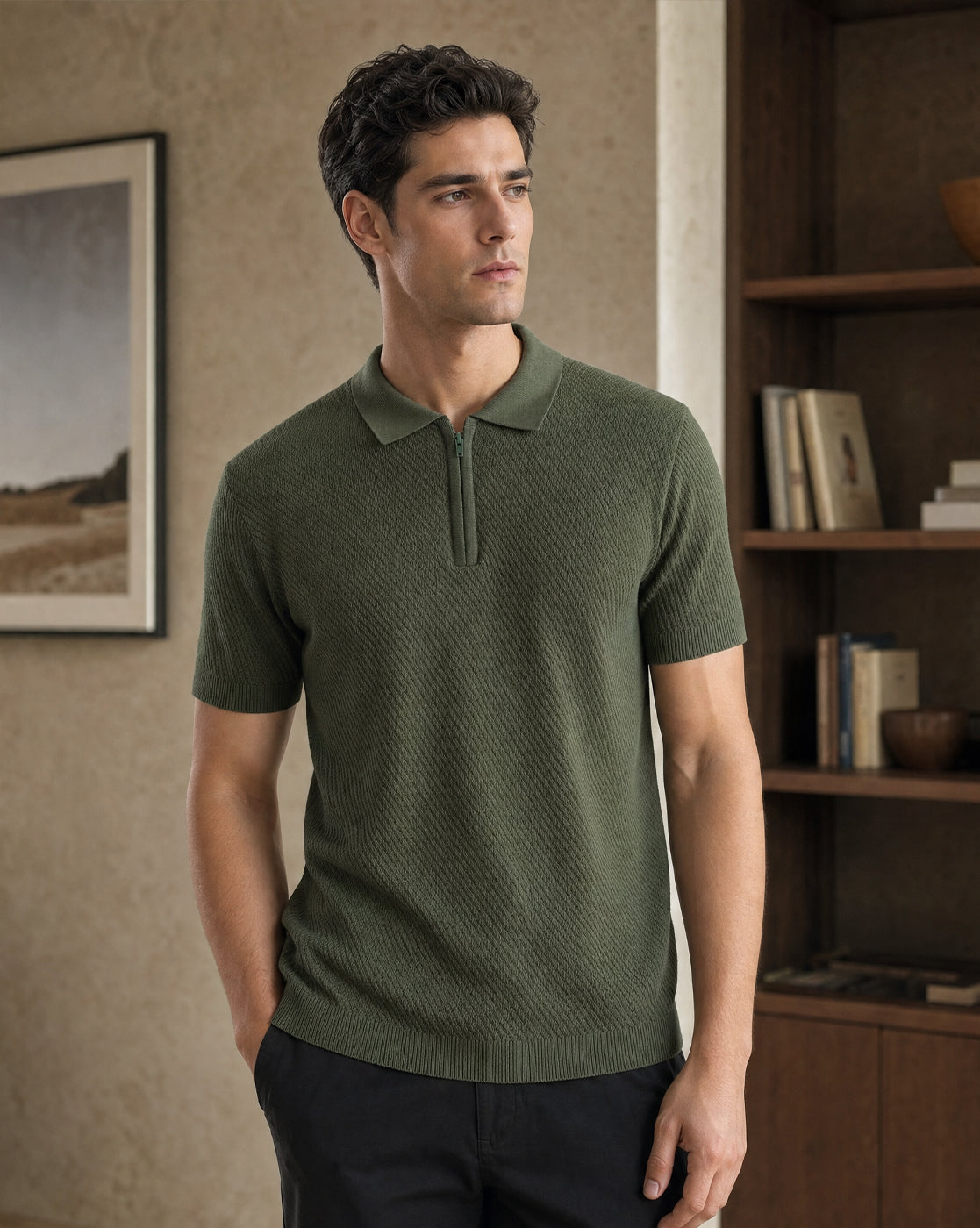 Cascade Zip Textured Polo T-Shirt