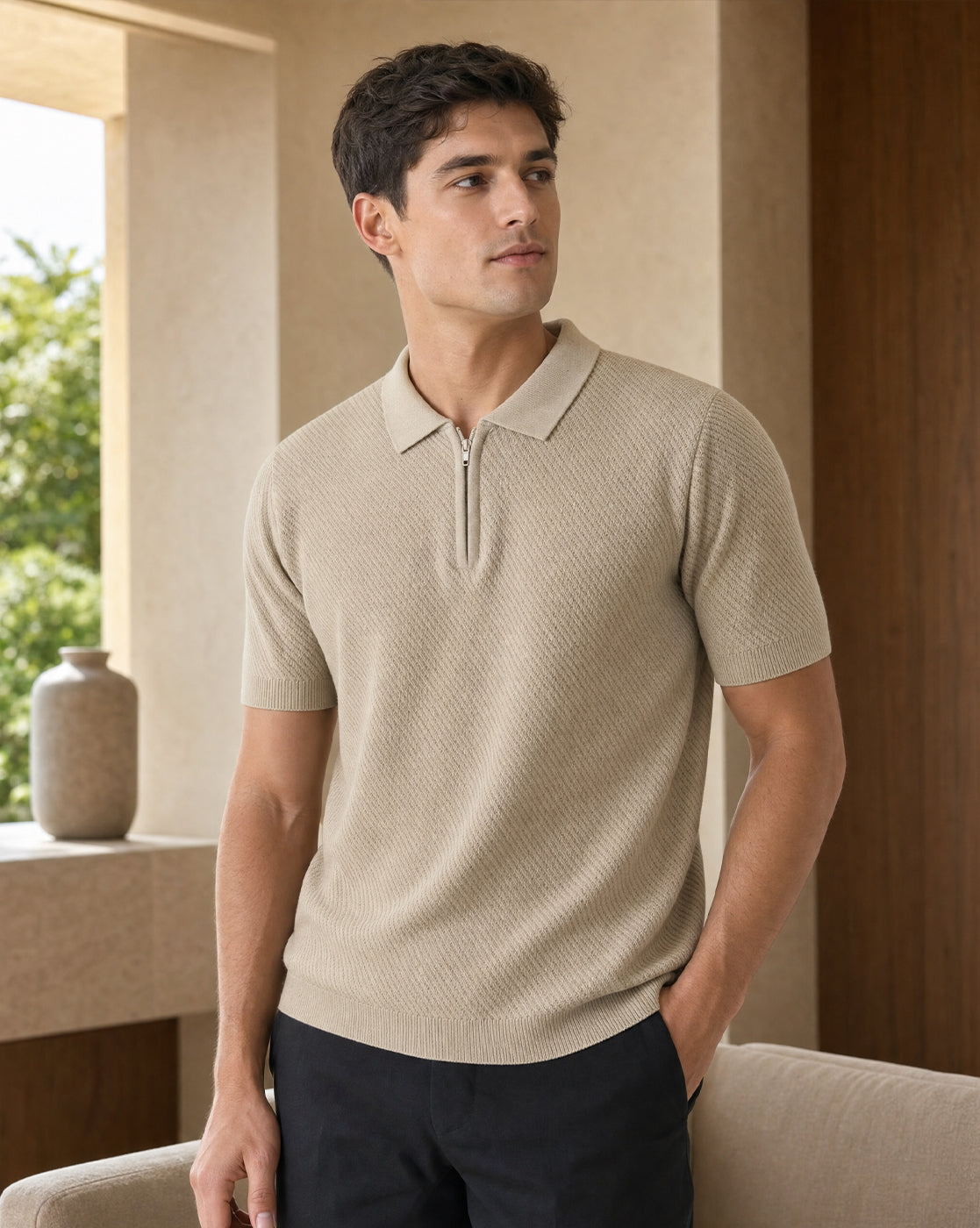 Cascade Zip Textured Polo T-Shirt