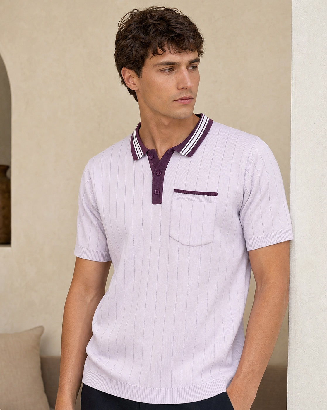 Contrast Collar Textured Polo T-Shirt