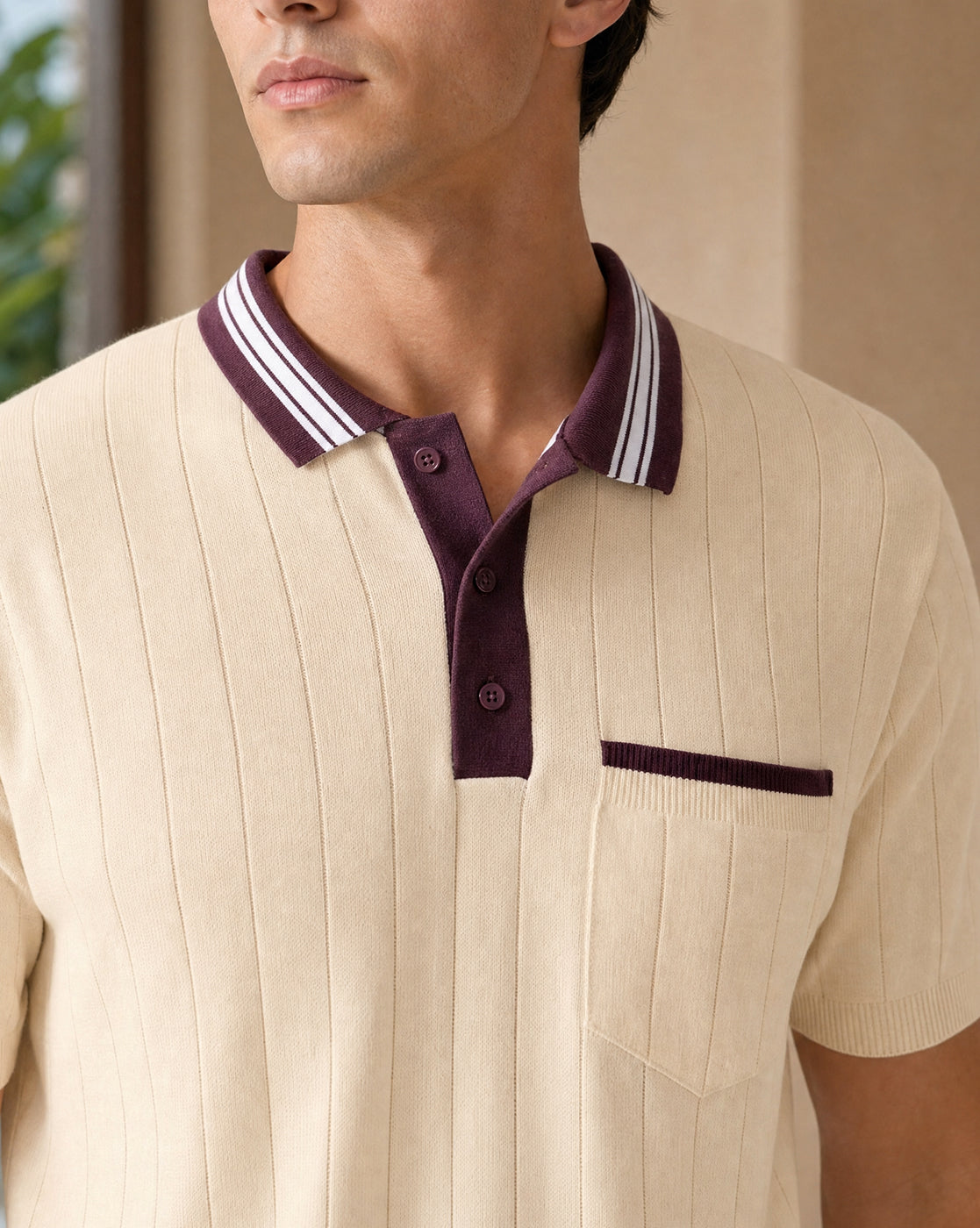 Contrast Collar Textured Polo T-Shirt