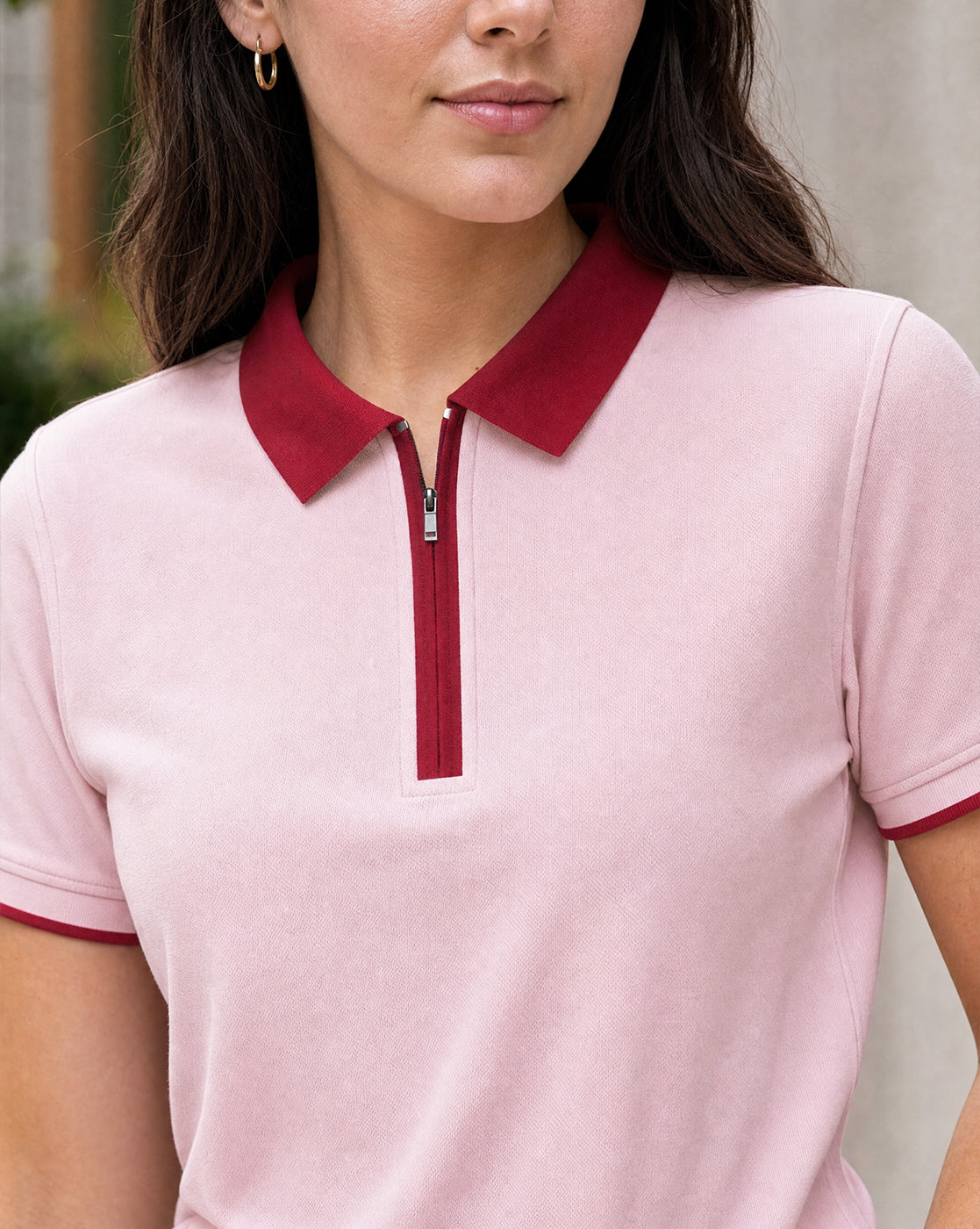 Women’s Contrast Collar Zip-Up Polo T-Shirt