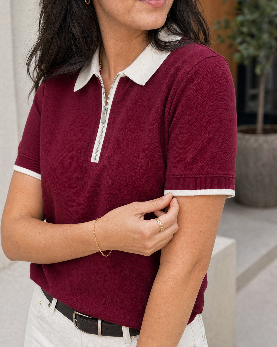 Women’s Contrast Collar Zip-Up Polo T-Shirt