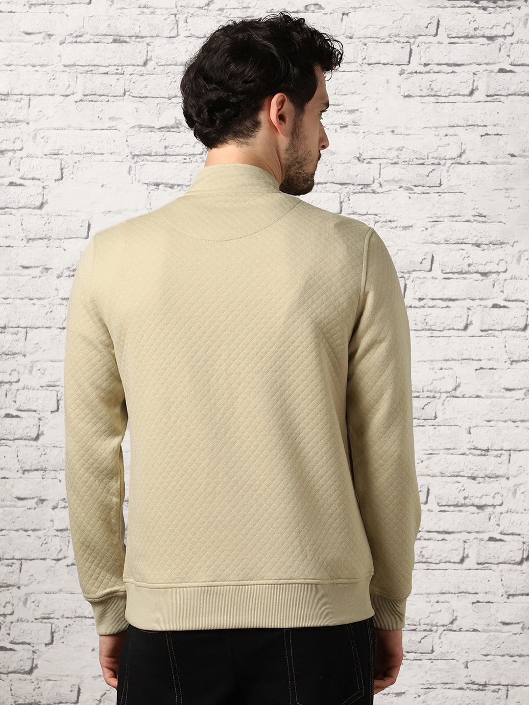Pale Khaki Checked Quilted Zip-Up Sweatshirt