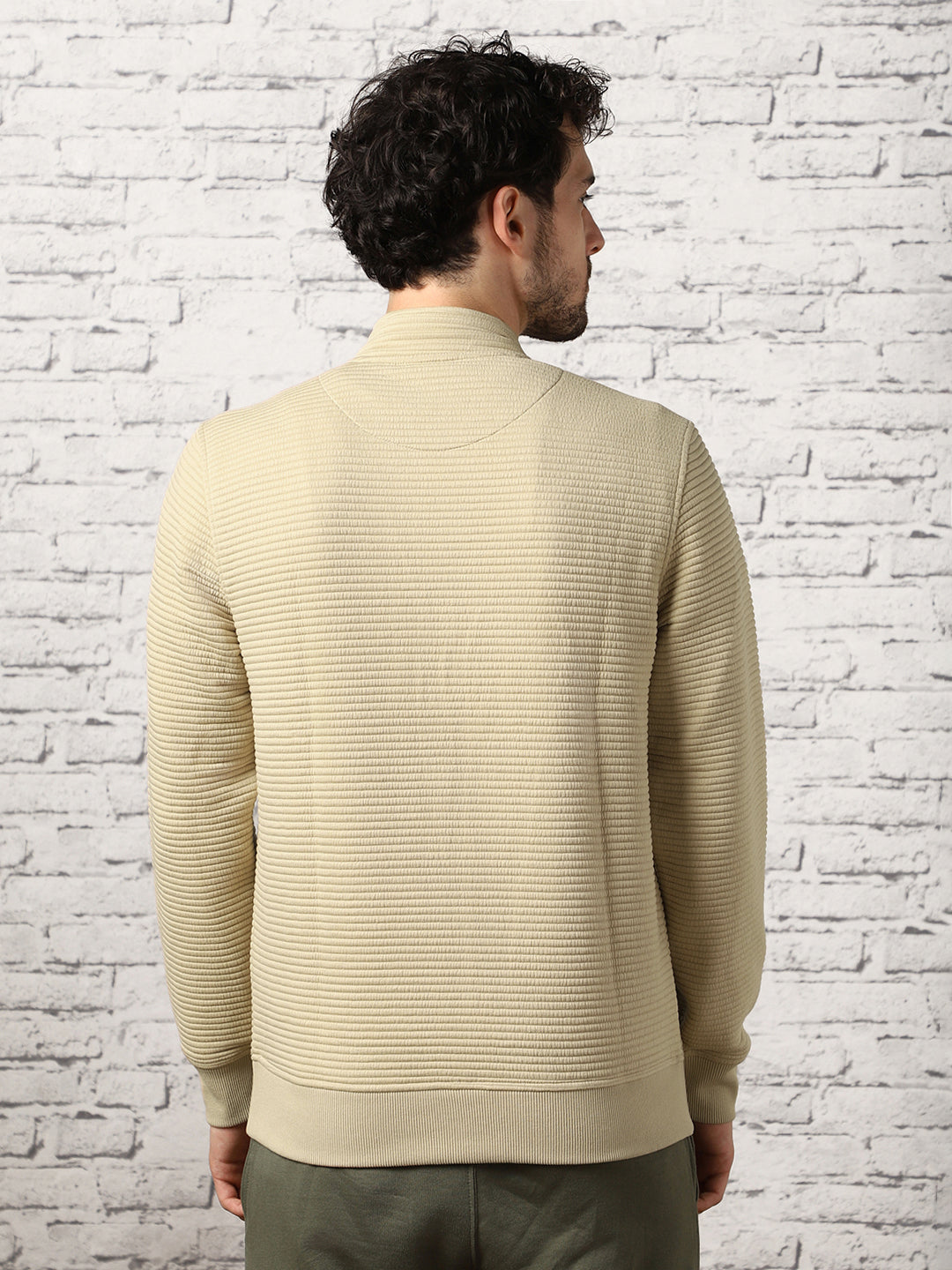 Pale Khaki Striped Quilted Zip-up Sweatshirt