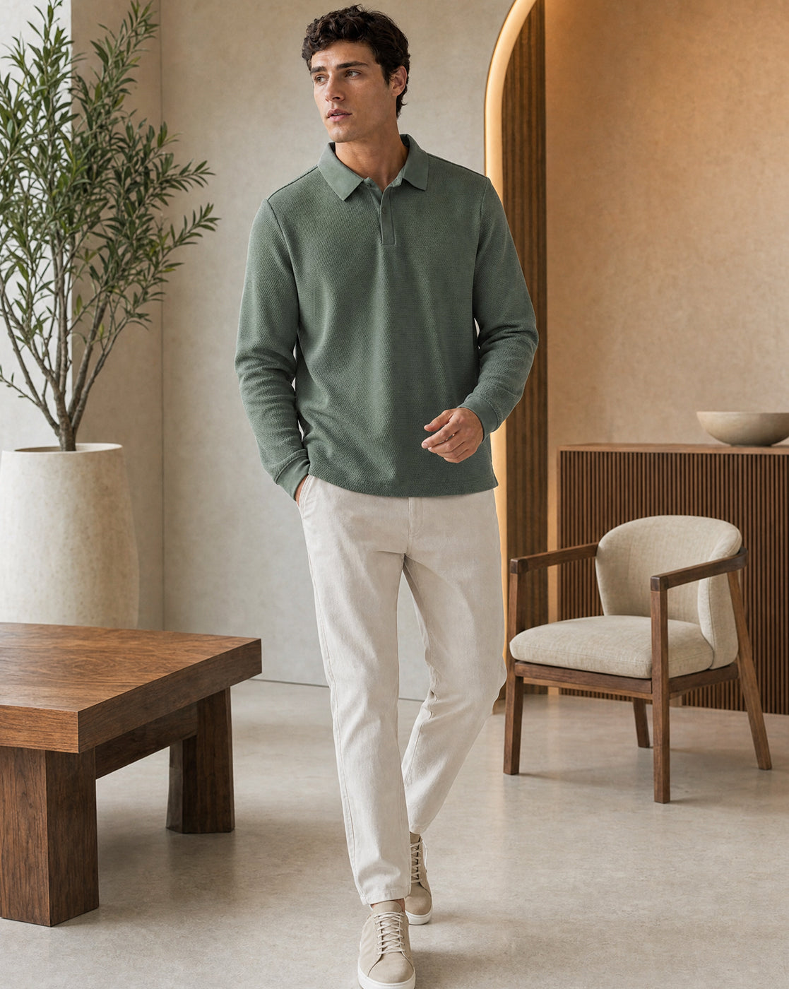 Popcorn Textured Full Sleeve Polo T-Shirt