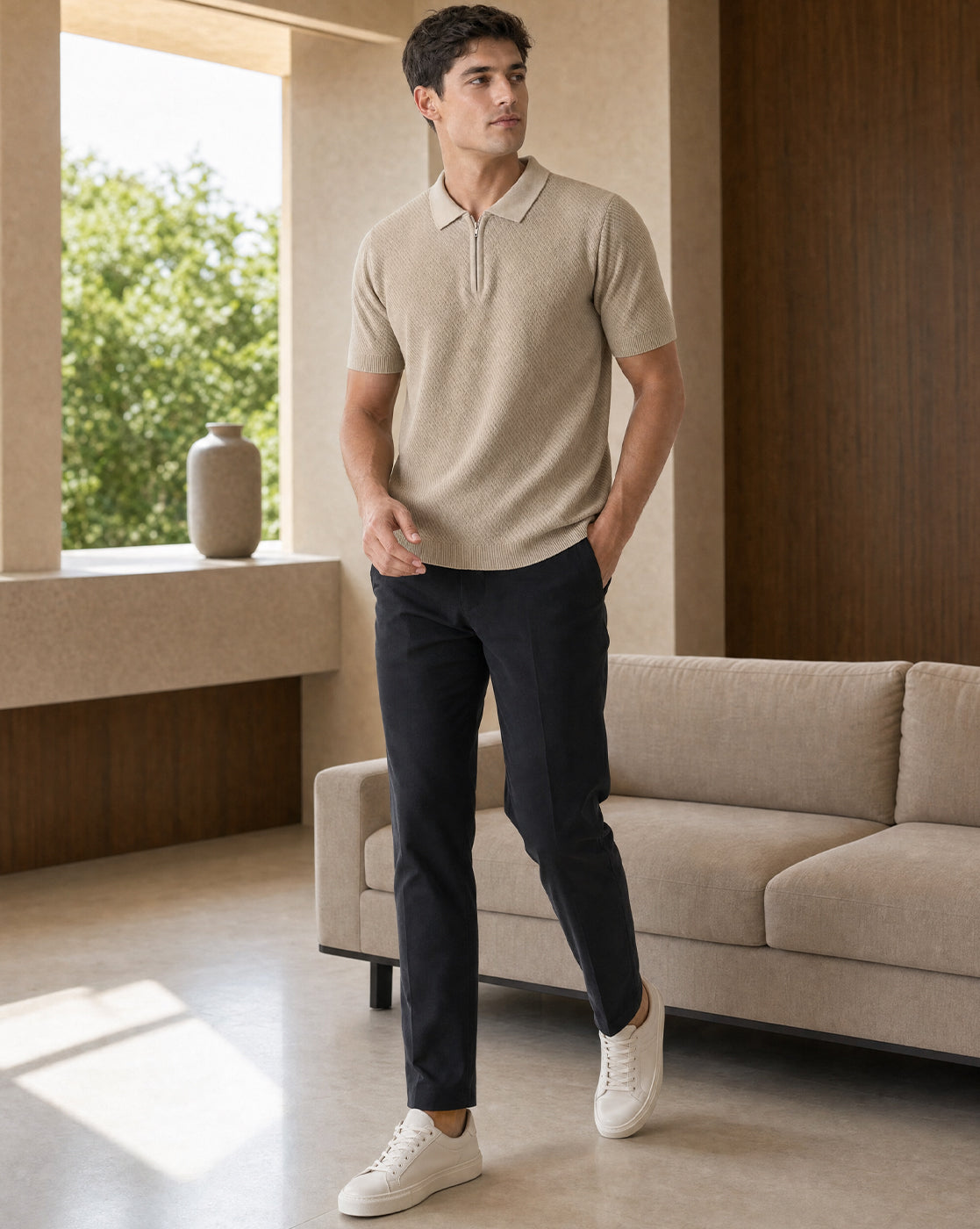 Cascade Zip Textured Polo T-Shirt