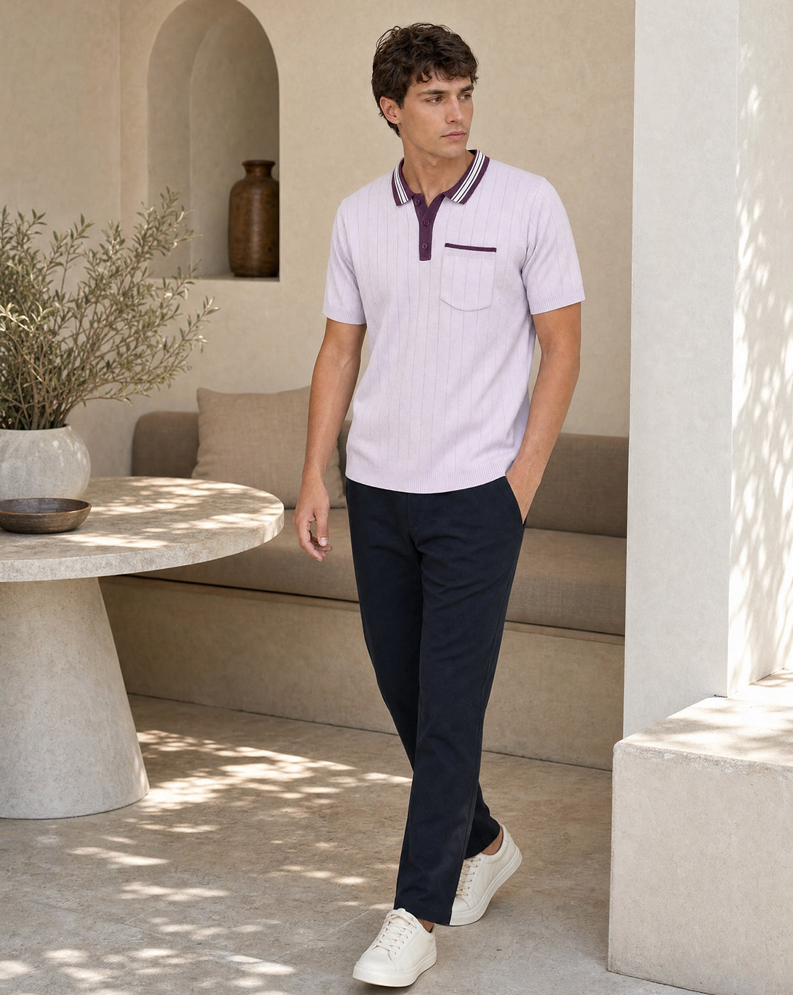 Contrast Collar Textured Polo T-Shirt