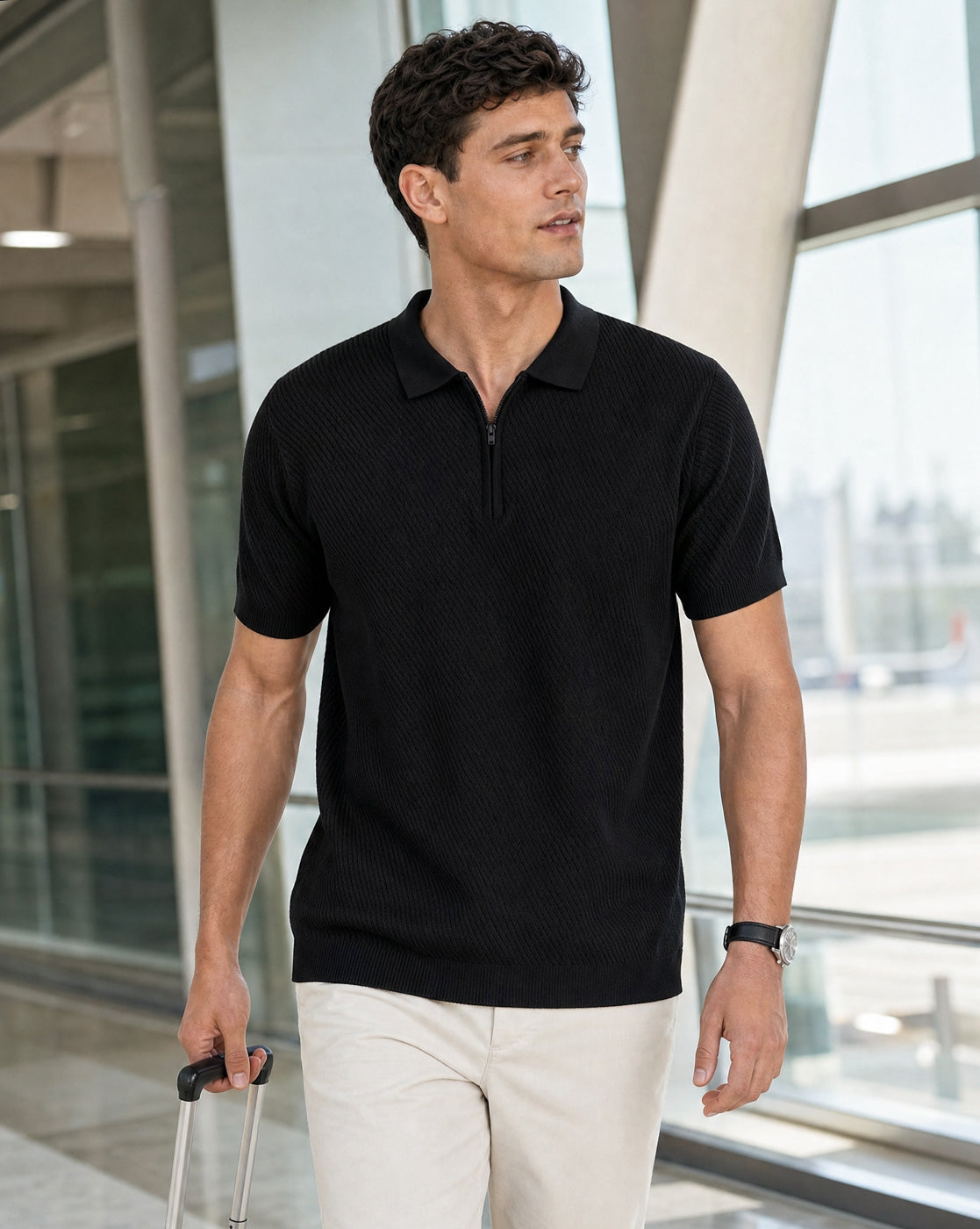 Cascade Zip Textured Polo T-Shirt