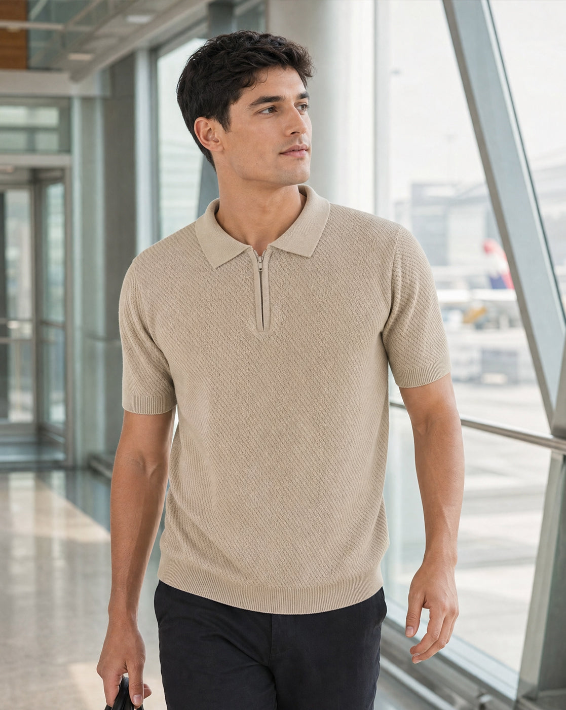 Cascade Zip Textured Polo T-Shirt