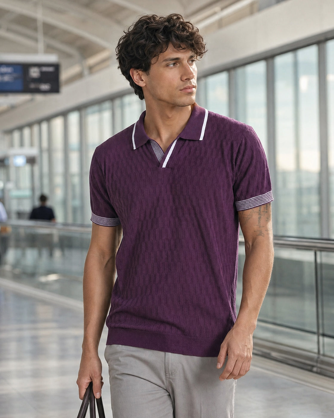 Grid Knit Textured Polo T-Shirt