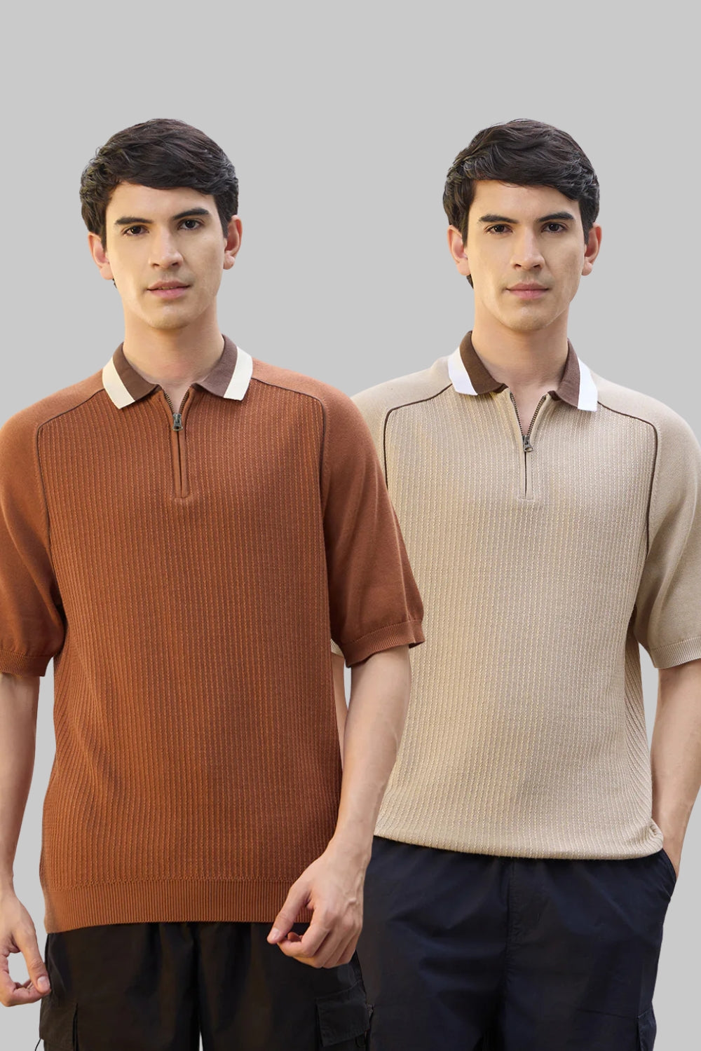 Contrast Collar Zip Polo T-Shirt Pack of 2