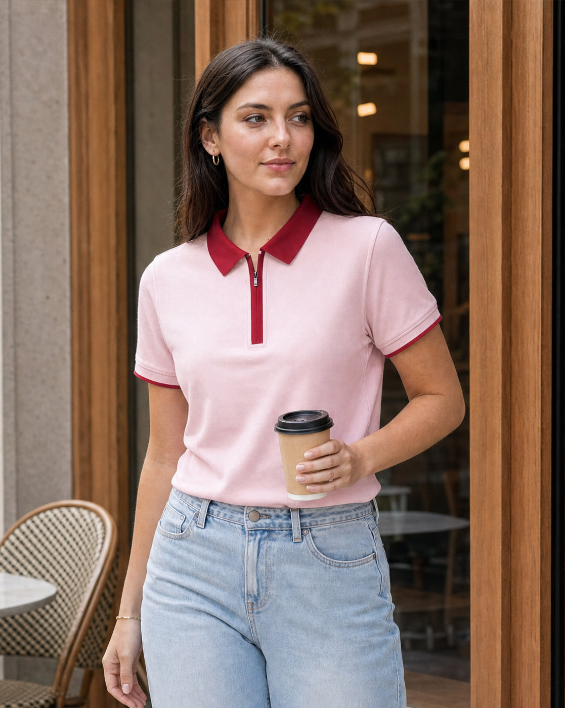 Women’s Contrast Collar Zip-Up Polo T-Shirt