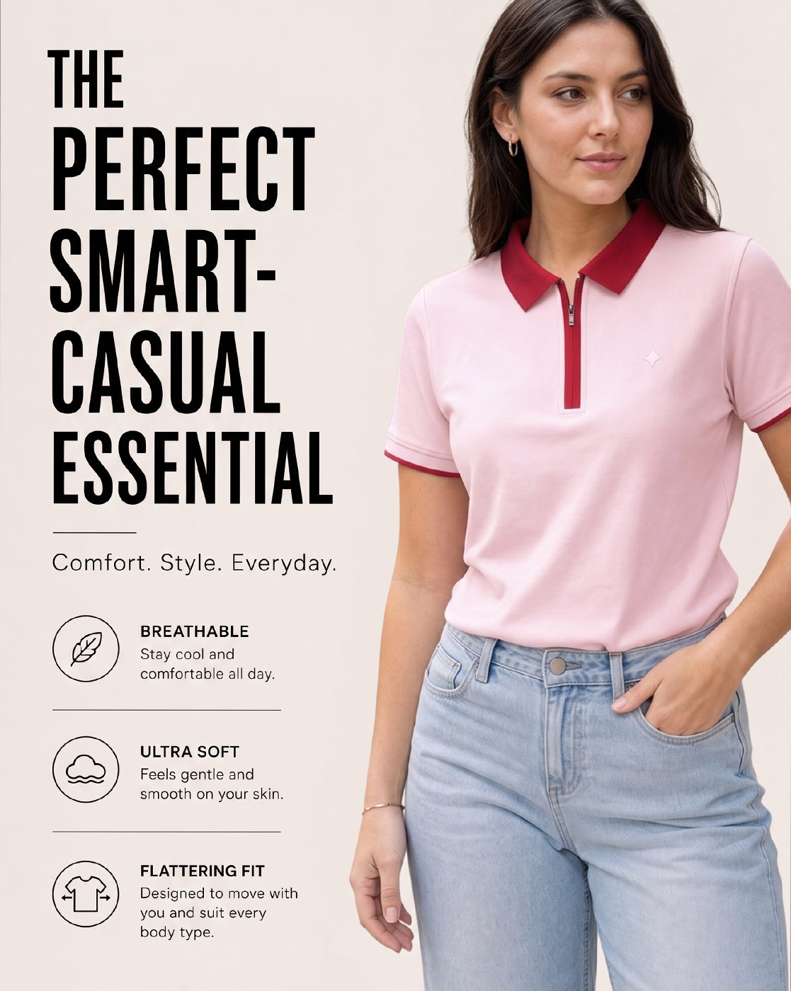 Women’s Contrast Collar Zip-Up Polo T-Shirt
