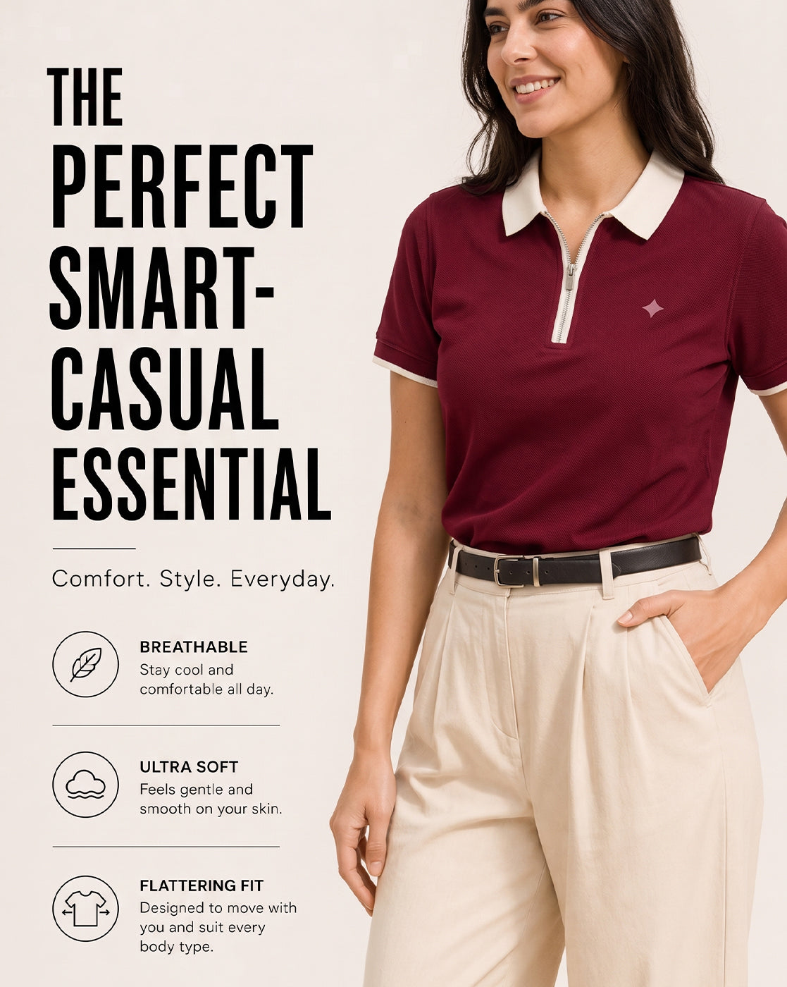 Women’s Contrast Collar Zip-Up Polo T-Shirt