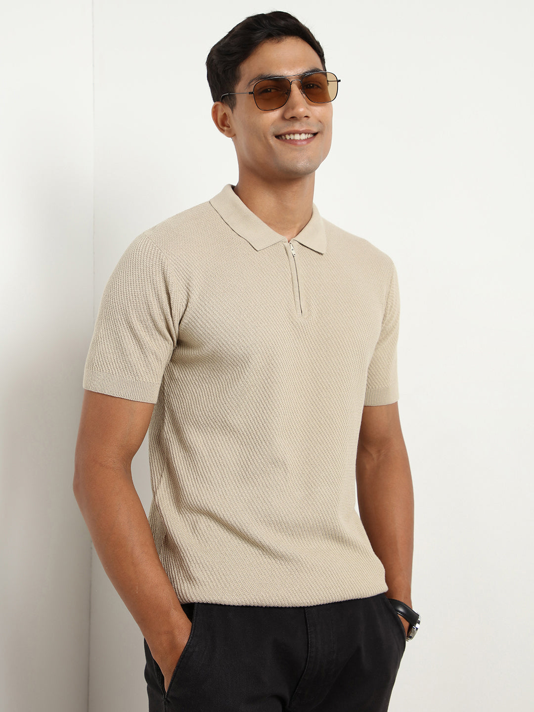 Cascade Zip Textured Polo T-Shirt