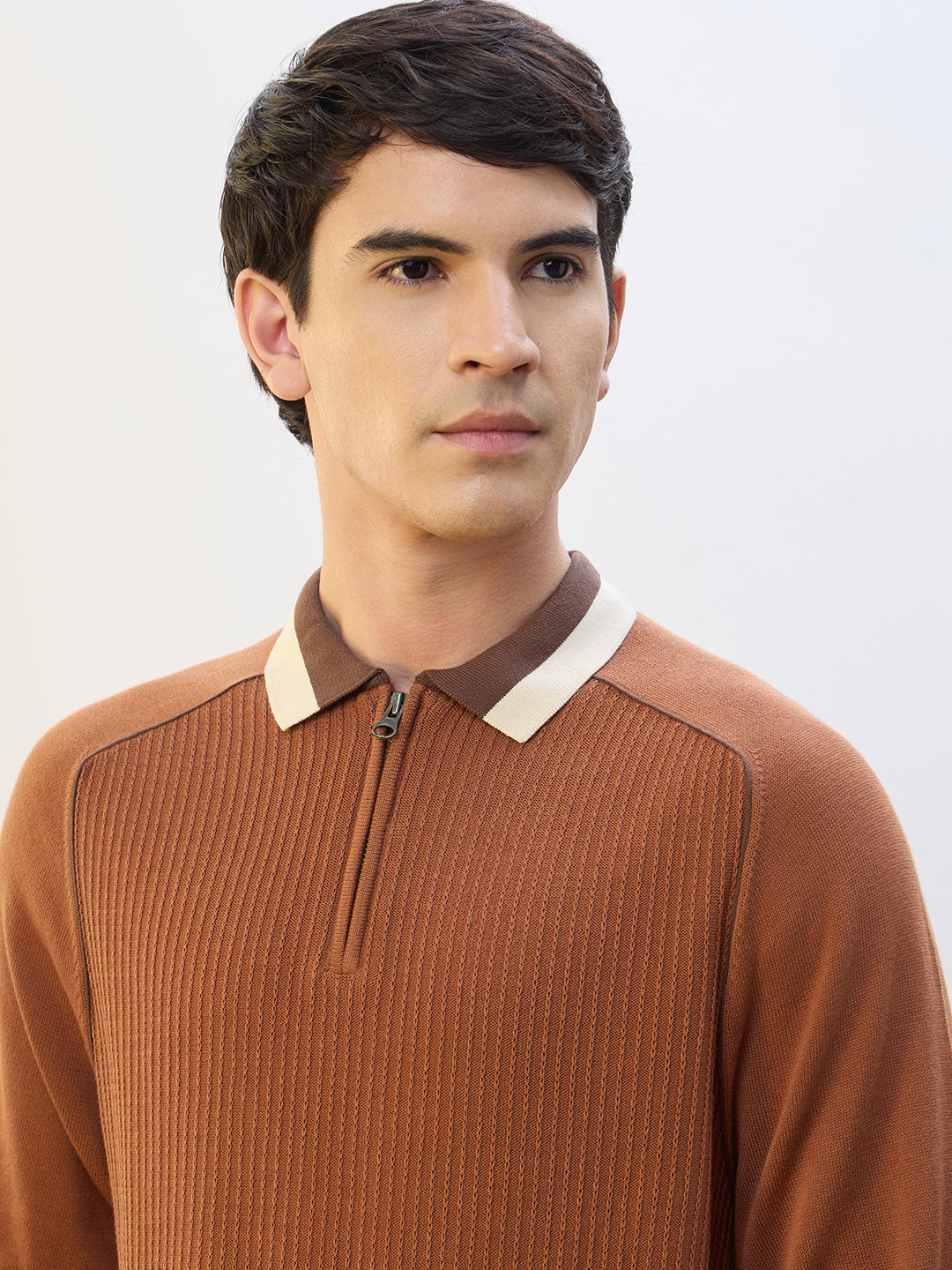 Contrast Collar Zip Polo T-Shirt