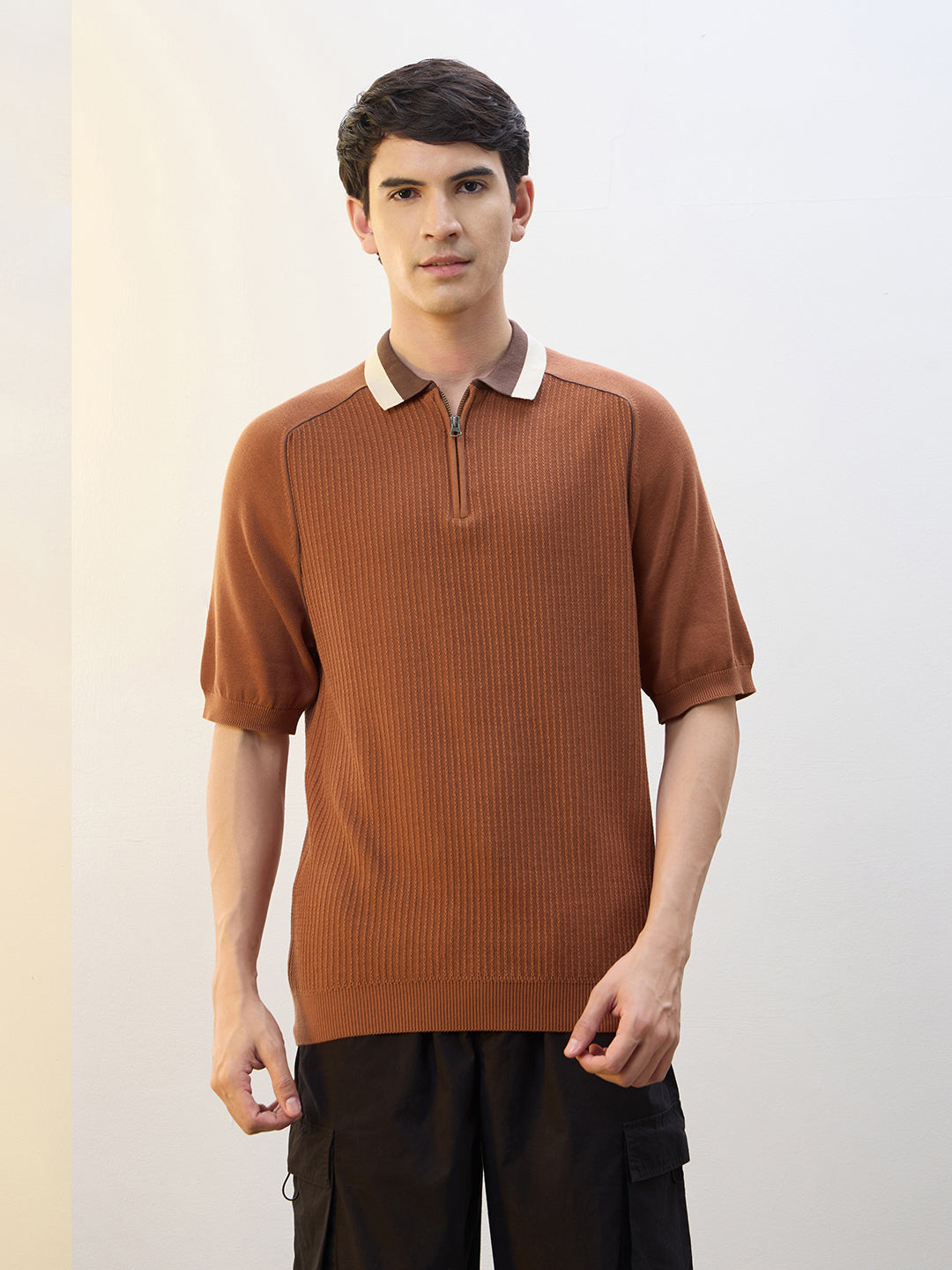 Contrast Collar Zip Polo T-Shirt
