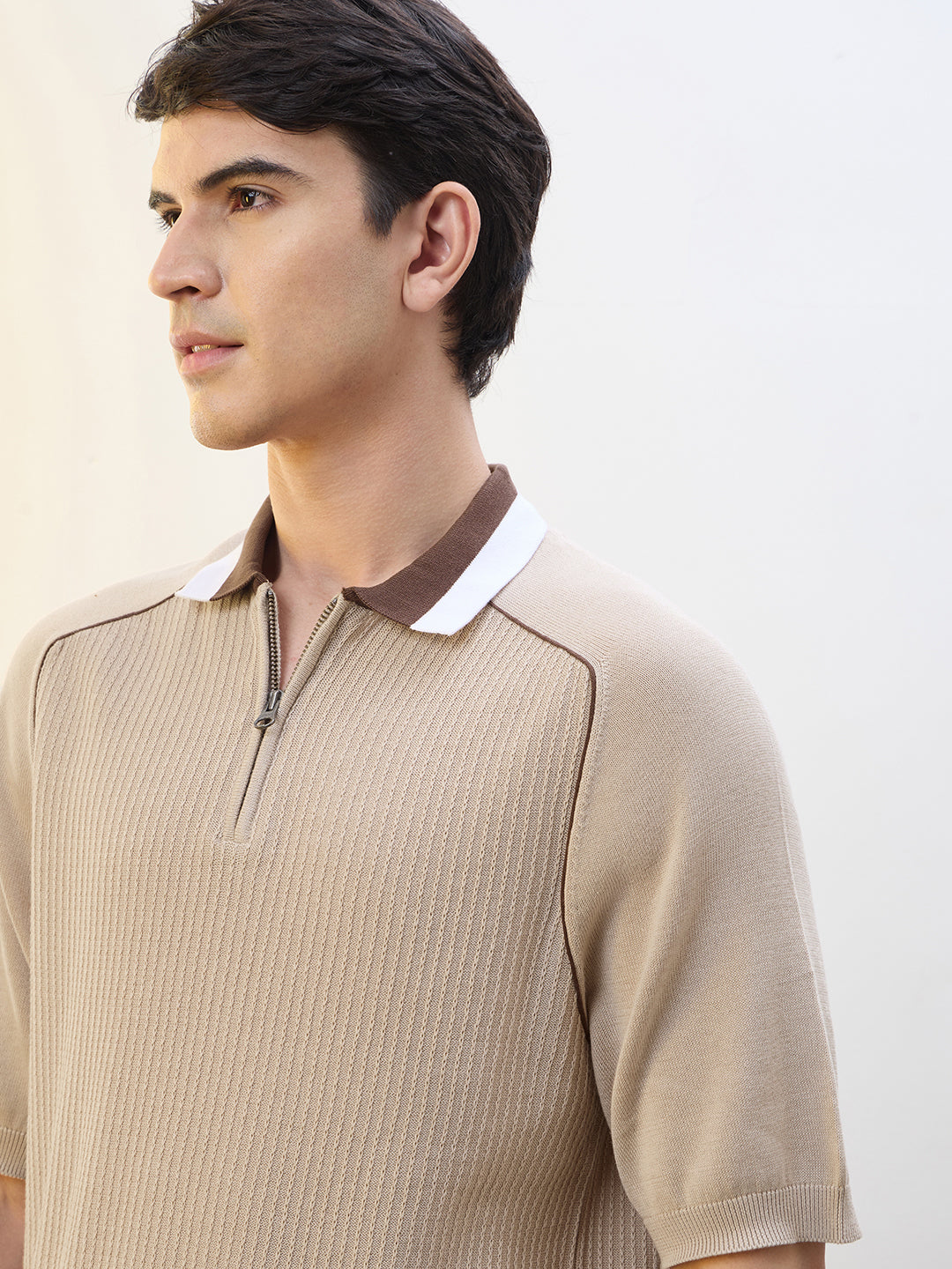 Contrast Collar Zip Polo T-Shirt