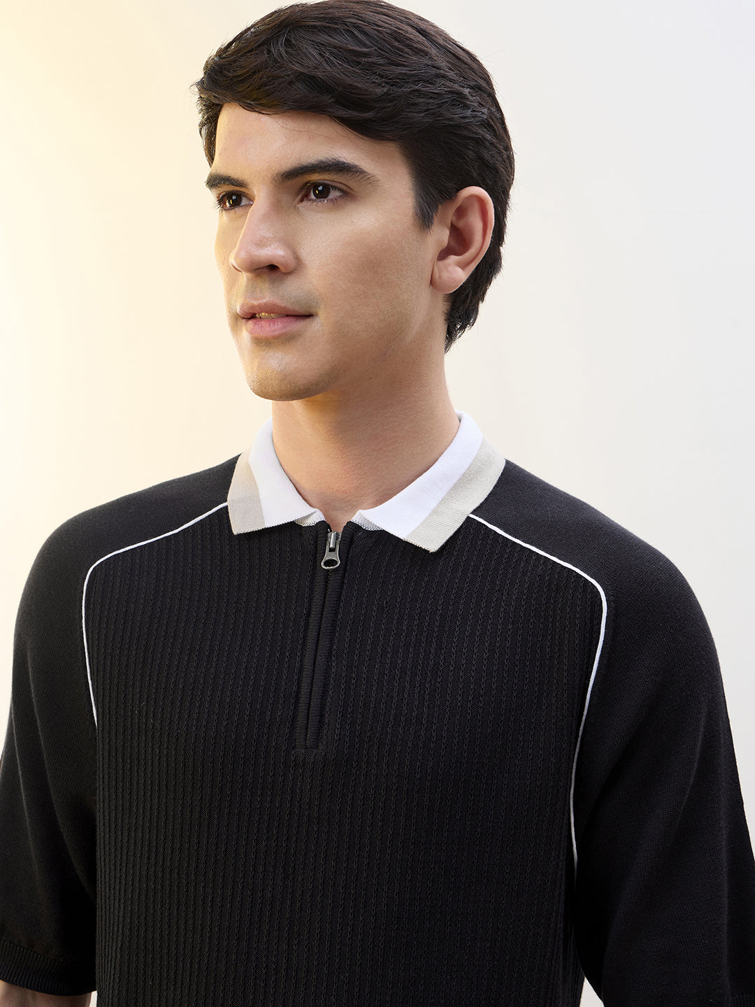Contrast Collar Zip Polo T-Shirt