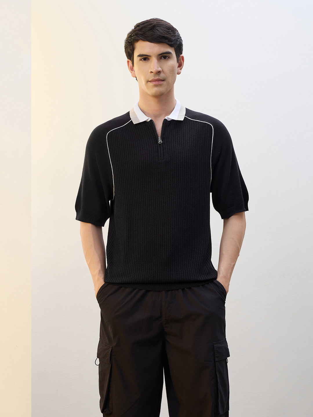 Contrast Collar Zip Polo T-Shirt