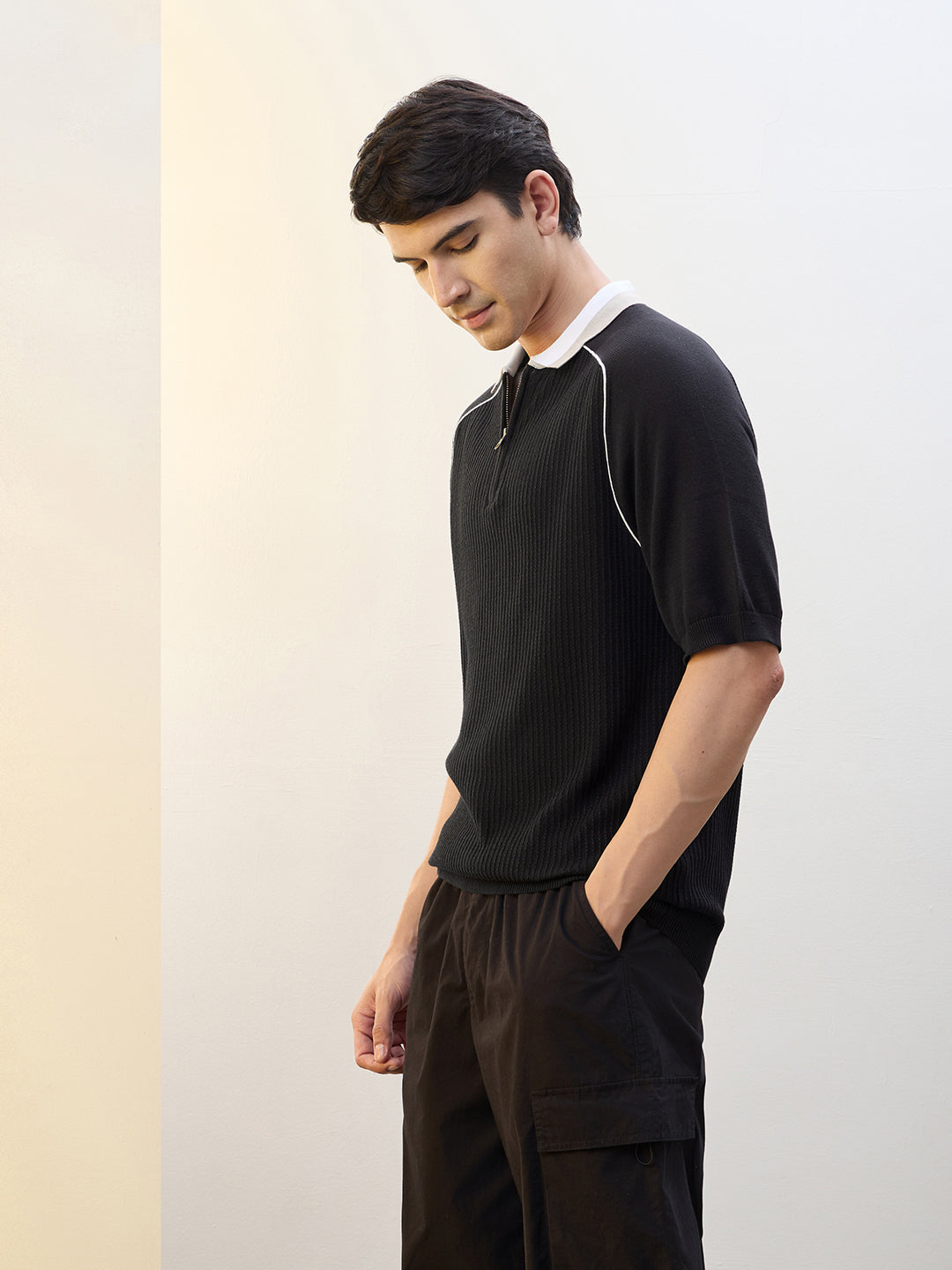 Contrast Collar Zip Polo T-Shirt