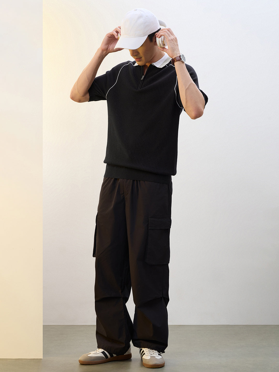 Contrast Collar Zip Polo T-Shirt