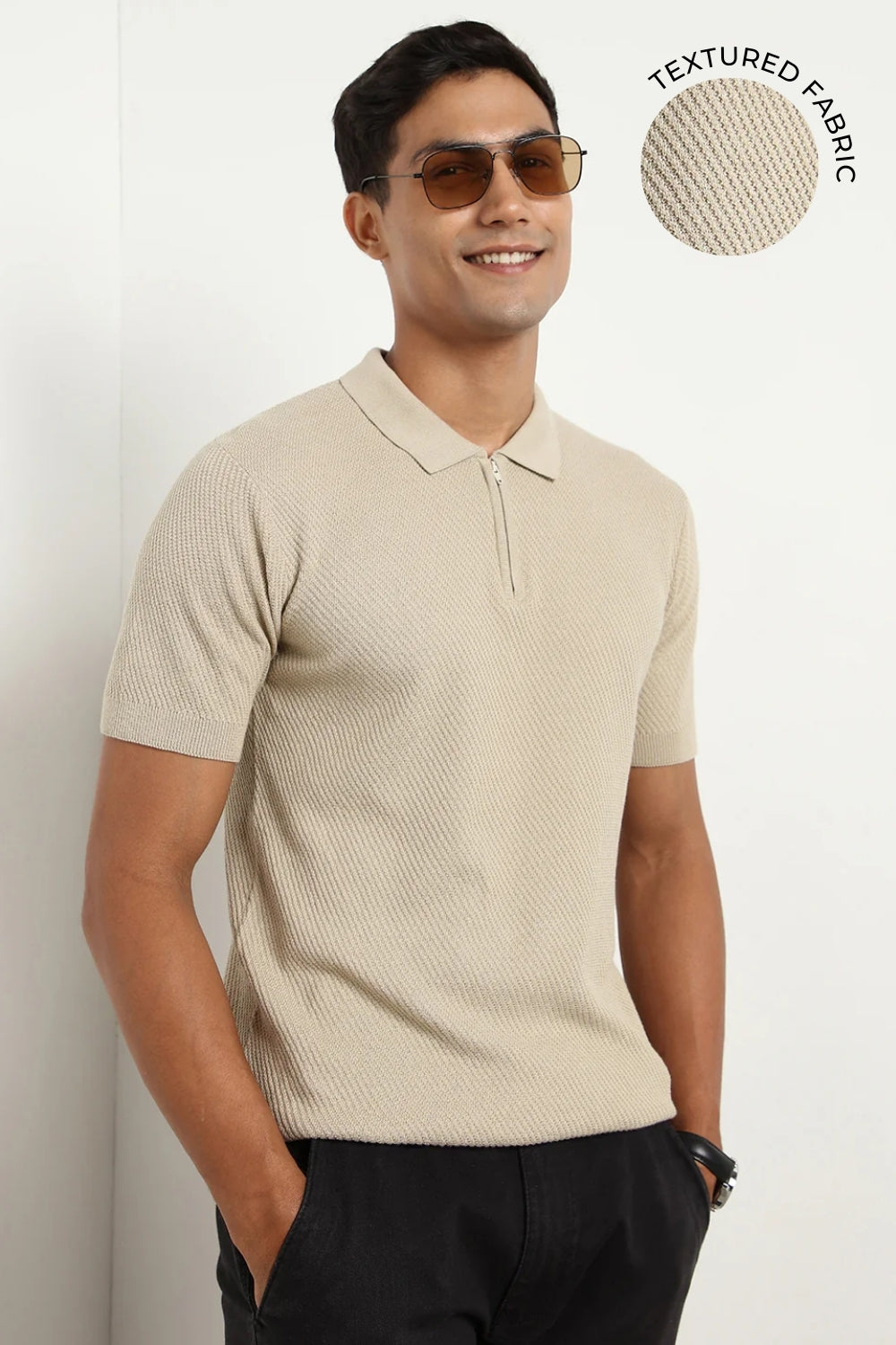 Cascade Zip Textured Polo T-Shirt