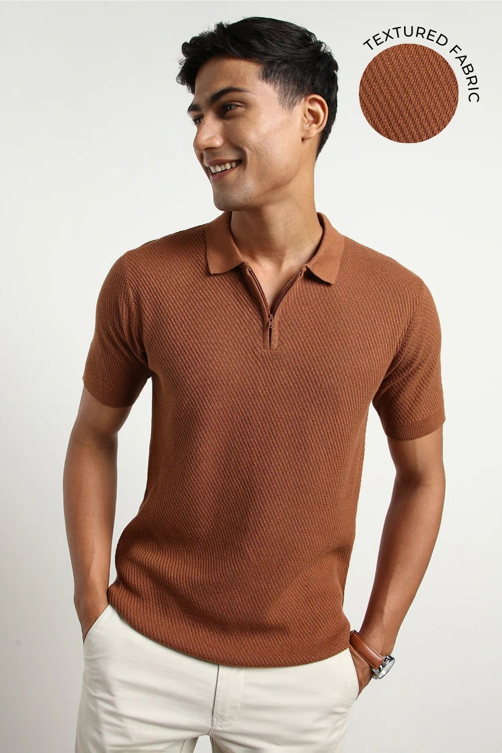 Cascade Zip Textured Polo T-Shirt