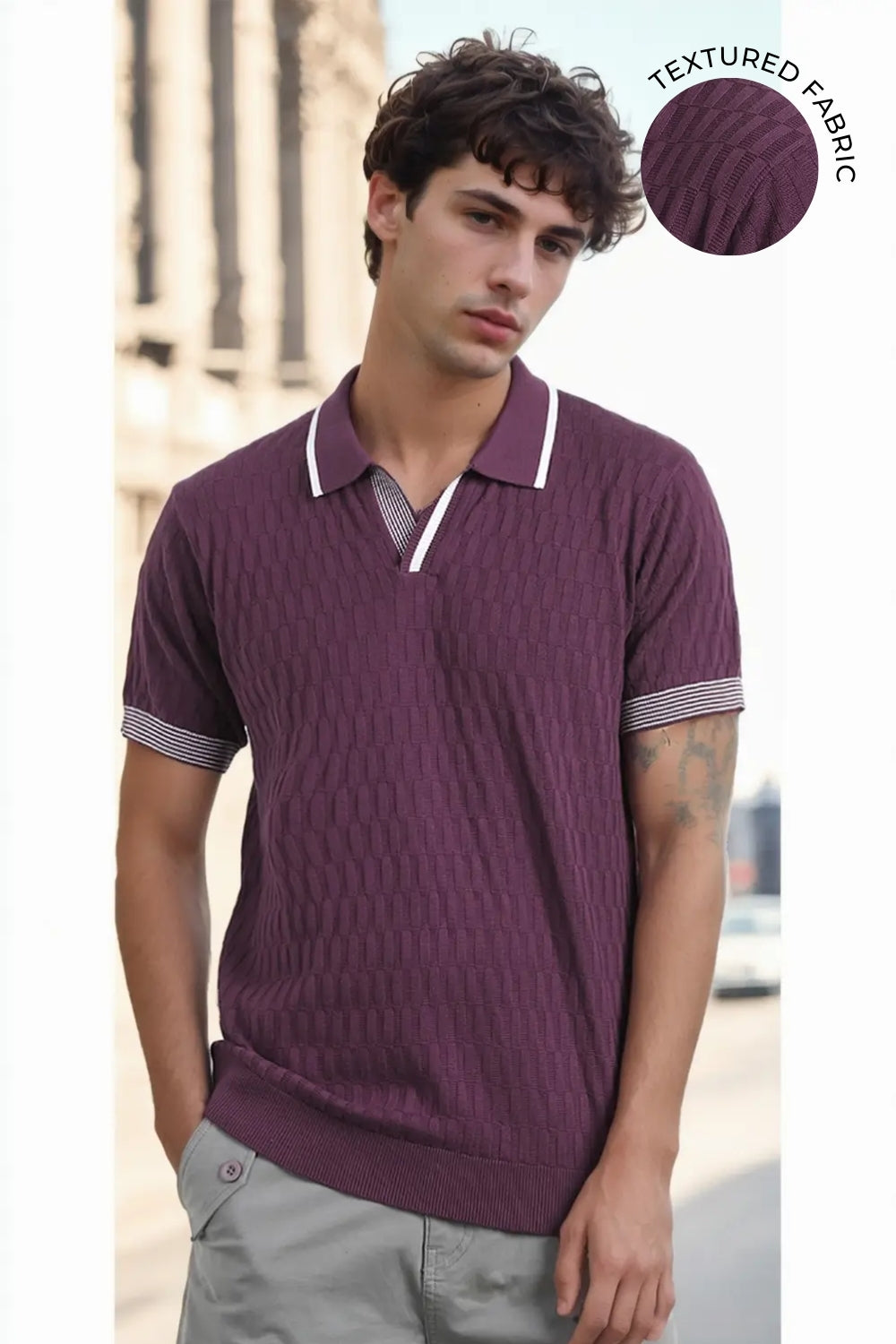 Grid Knit Textured Polo T-Shirt