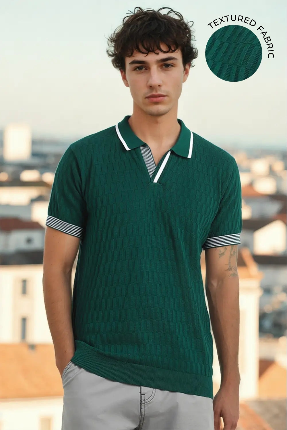 Grid Knit Textured Polo T-Shirt