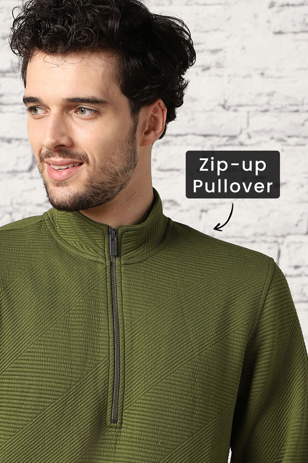 Avocado Zigzag  Quilted Zip-Up Sweatshirt