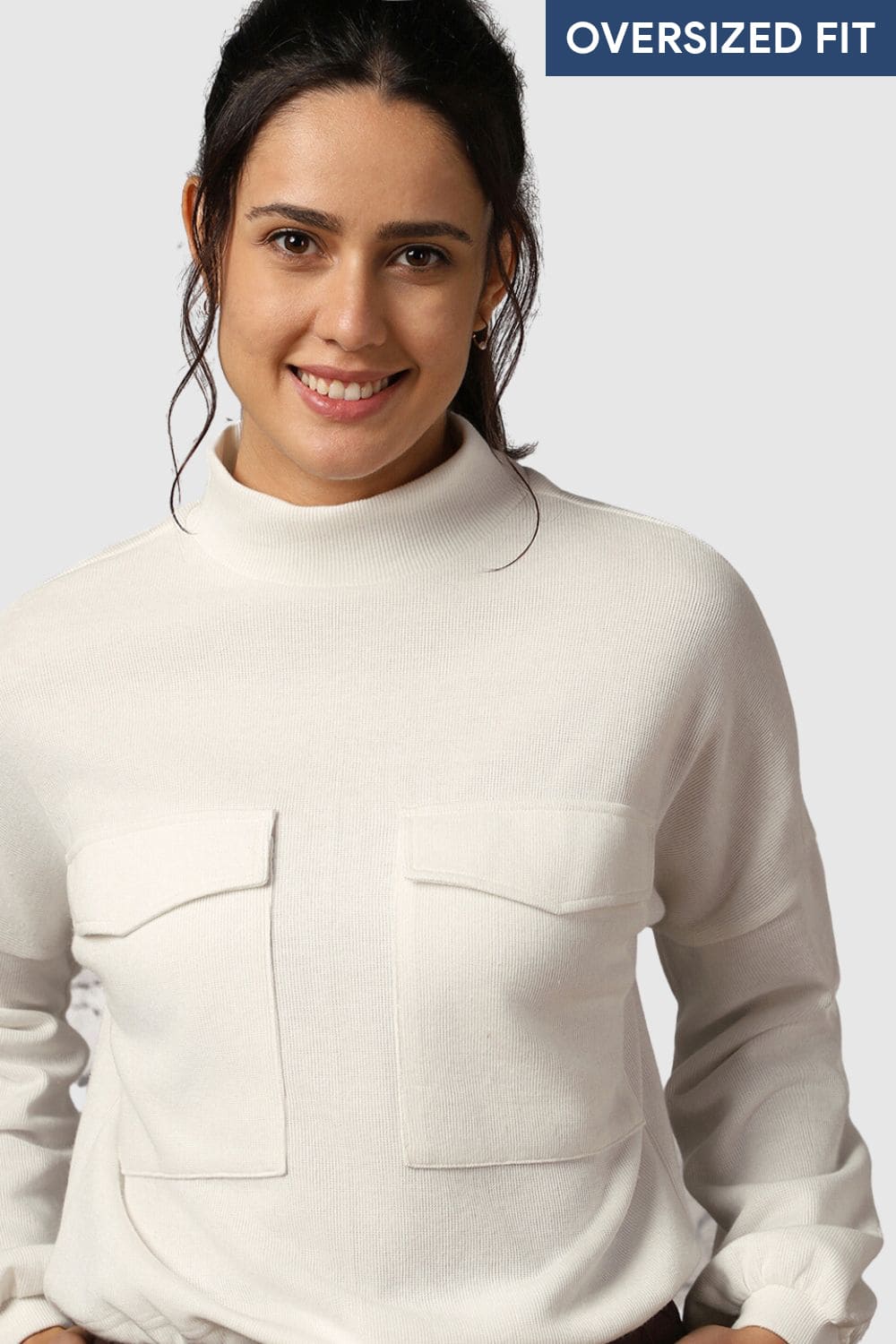 Women Oversized Flap Pocket Self Design Pullover