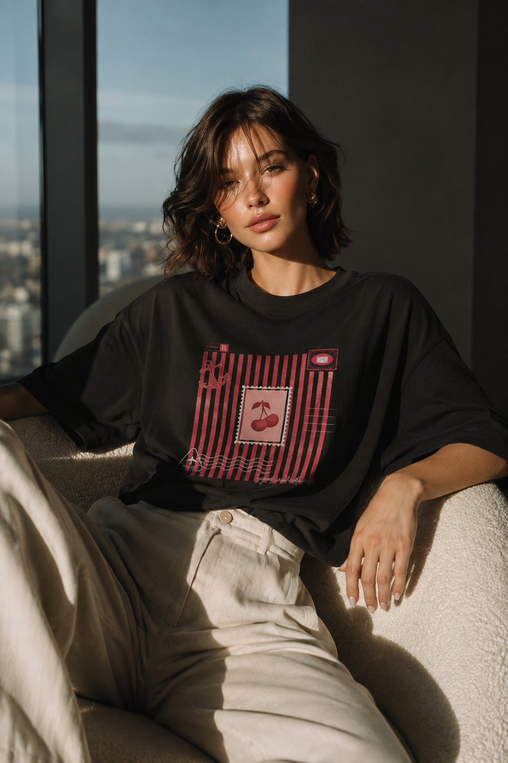Red Stripes With Cherry Oversized Fit Women Tee