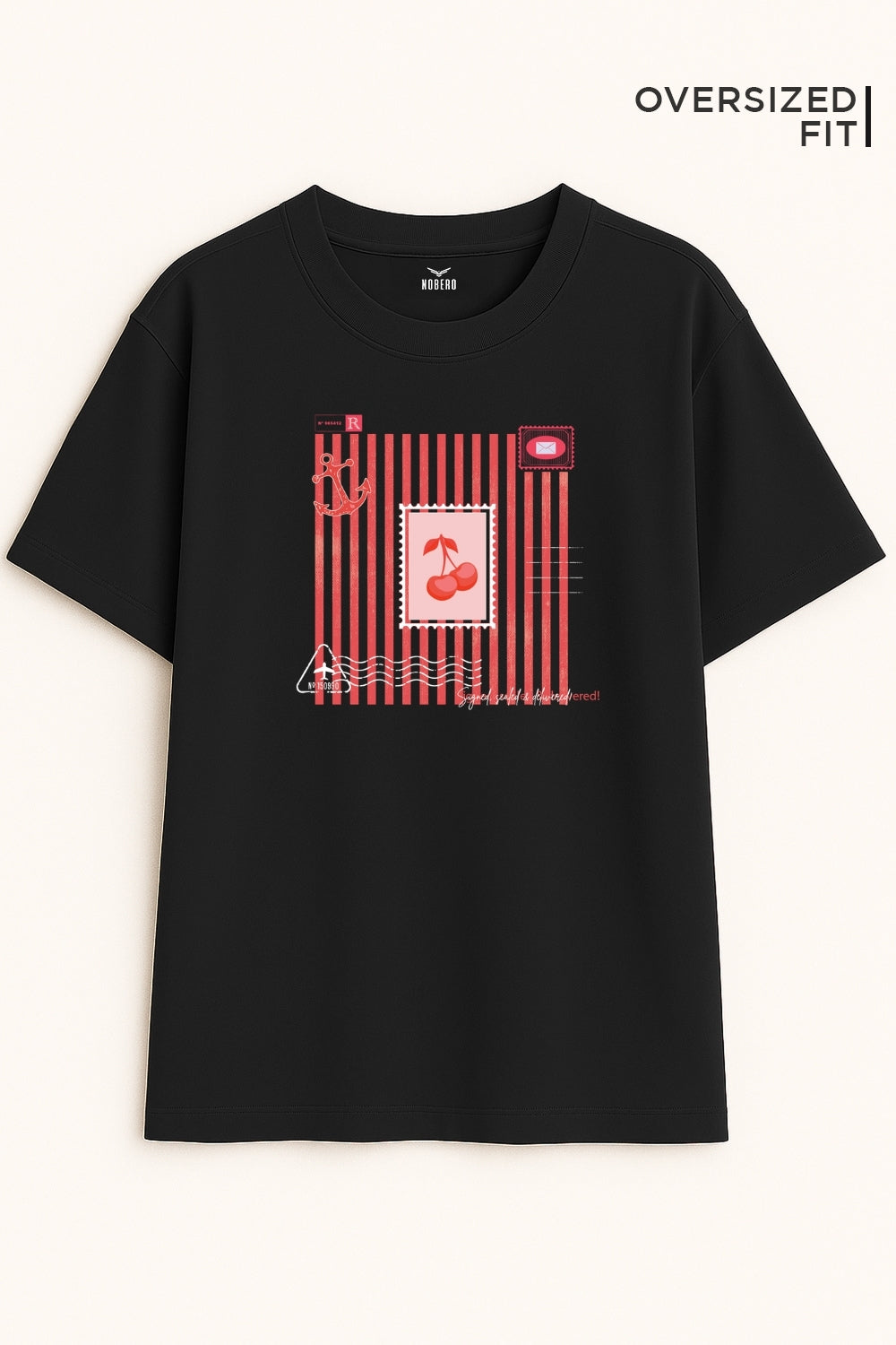Red Stripes With Cherry Oversized Fit Women Tee