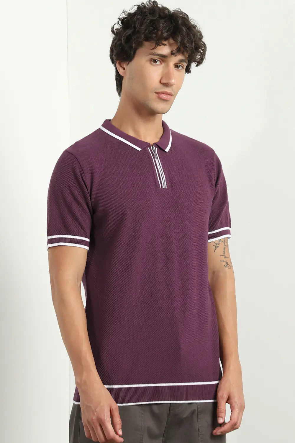 Zip-up Textured Polo Shirts