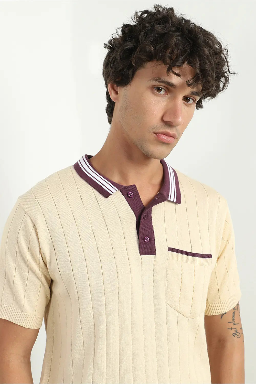 Contrast Collar Textured Polo Shirts