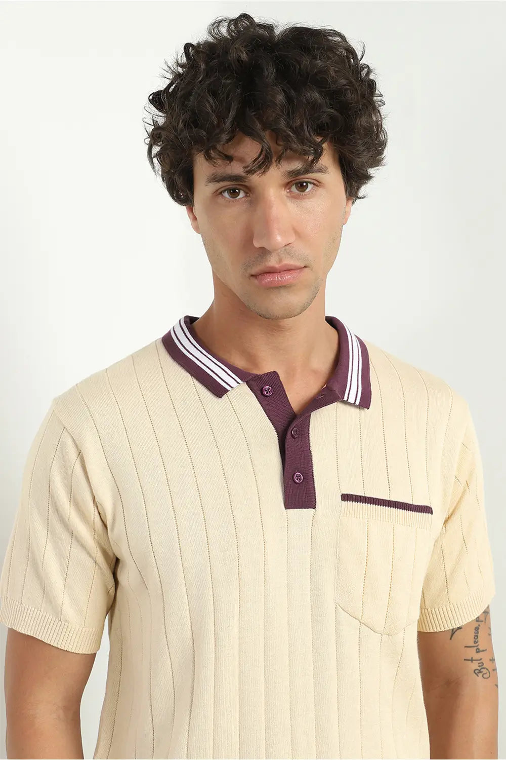 Contrast Collar Textured Polo Shirts