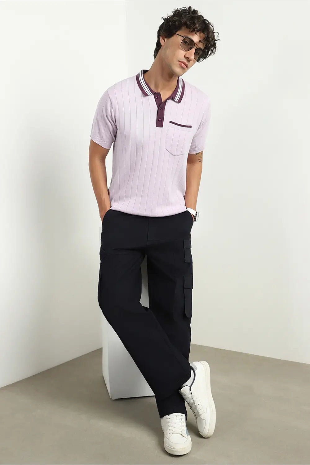 Contrast Collar Textured Polo Shirts