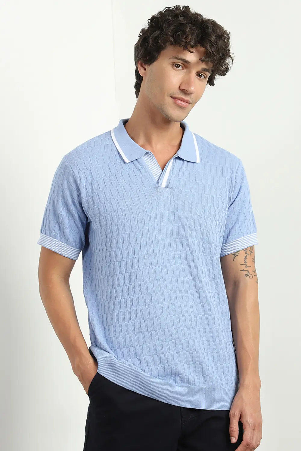 Grid Knit Textured Polo Shirts