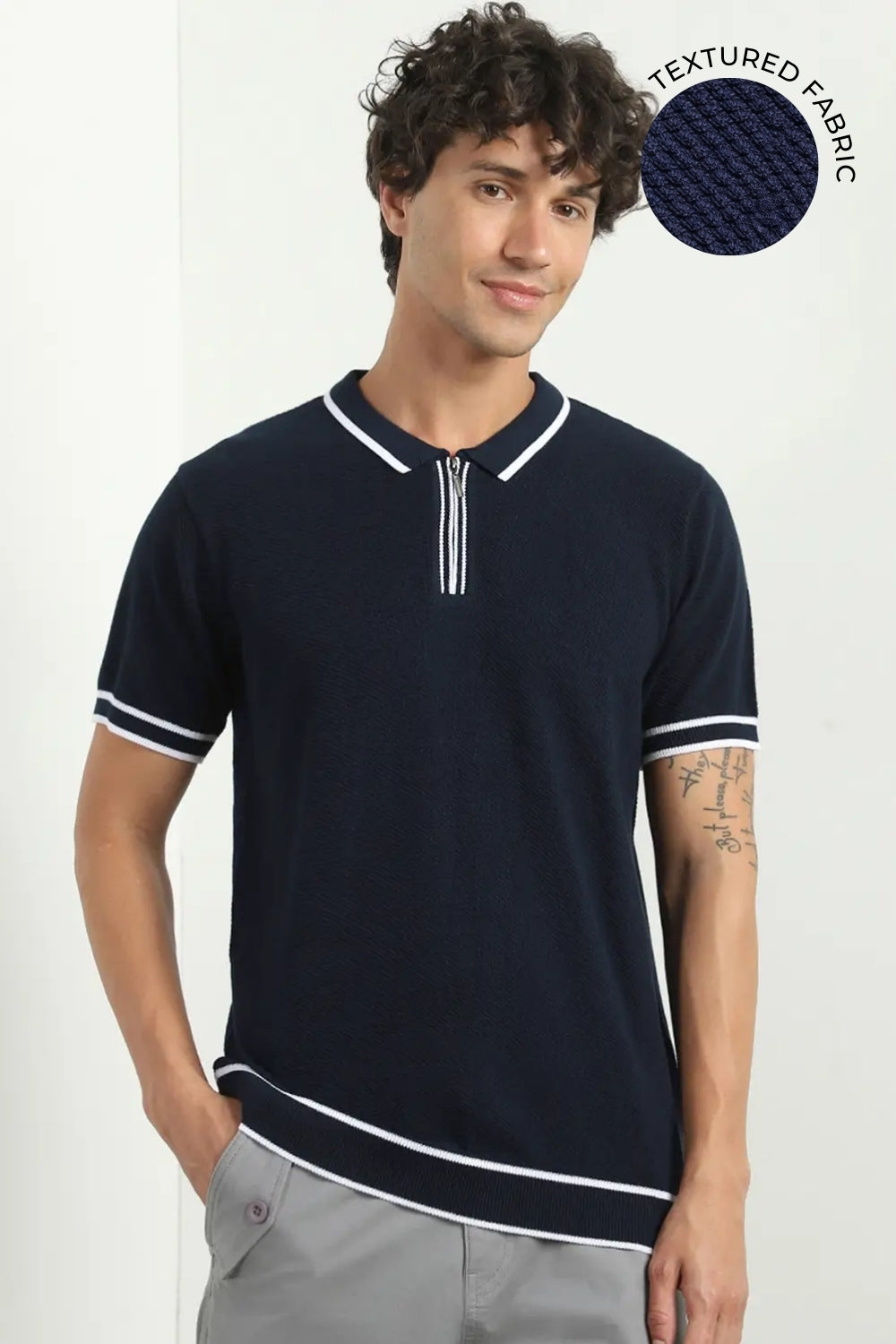 Zip-up Textured Polo T-Shirt