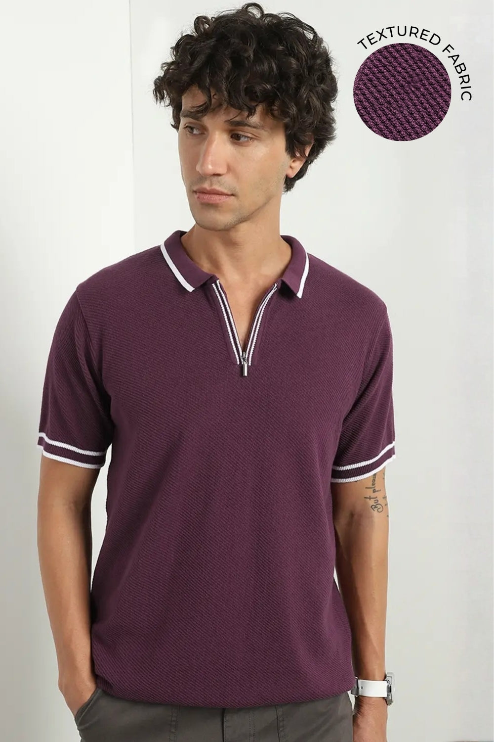 Zip-up Textured Polo T-Shirt